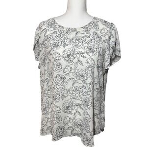 41 Hawthorn Floral Button Back Blouse L White Black Tulip Sleeve